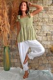 Sundaze Cheesecloth Chalk Stripe Tie Shoulder Top Olive