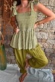 Sundaze Cheesecloth Chalk Stripe Tie Shoulder Top Olive