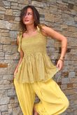 Sundaze Cheesecloth Chalk Stripe Tie Shoulder Top Soft Ochre