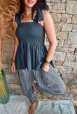 Sundaze Cheesecloth Tie Shoulder Top Charcoal