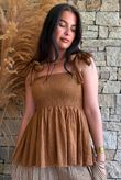 Sundaze Cheesecloth Tie Shoulder Top Hazelnut
