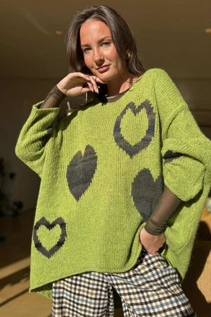 Big Softie Ombre Heart Slouch Knit Jumper Olive