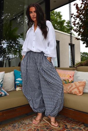 Agnes Cotton Gingham Balloon Cuff Pant Navy