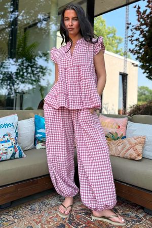 Agnes Cotton Gingham Balloon Cuff Pant Plum
