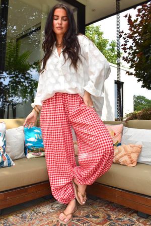 Agnes Cotton Gingham Balloon Cuff Pant Ruby