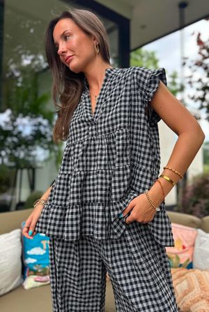 Agnes Cotton Gingham Tiered Top Black Grey