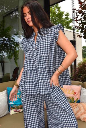 Agnes Cotton Gingham Tiered Top Navy