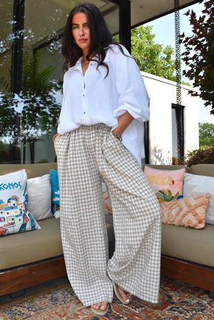 Agnes Cotton Gingham Wide Leg Pant Mocha