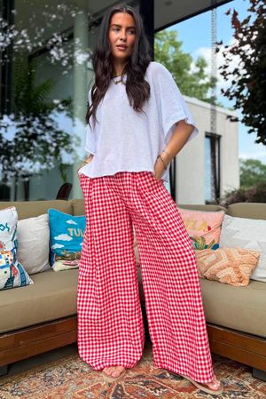 Agnes Cotton Gingham Wide Leg Pant Ruby
