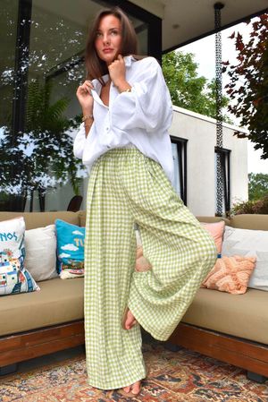Agnes Cotton Gingham Wide Leg Pant Soft Olive