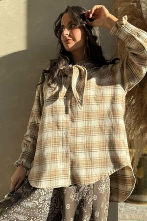 Agnes Plaid Brushed Cotton Neckerchief Blouse Camel