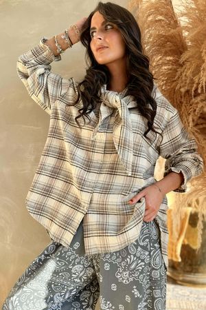 Agnes Plaid Brushed Cotton Neckerchief Blouse Warm Grey 