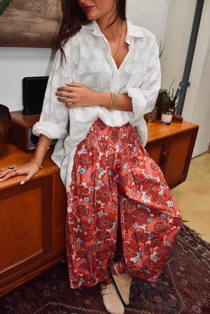 Annie 1972 Shirring Pleat Barrel Pant Rhubarb Rose
