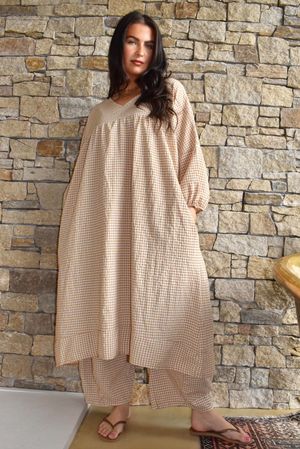 Arbi Gingham Artist Peasant Dress Camel