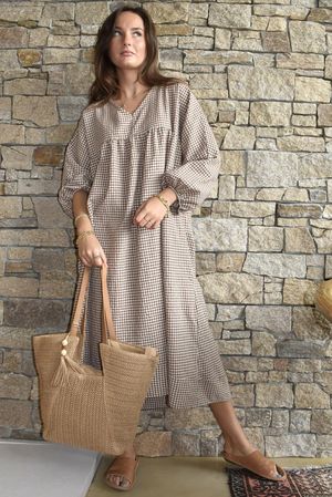Arbi Gingham Artist Peasant Dress Hazelnut