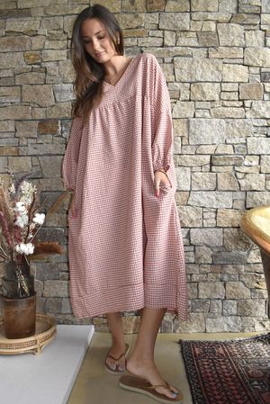 Arbi Gingham Artist Peasant Dress Indian Red