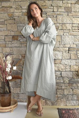 Arbi Gingham Artist Peasant Dress Khaki