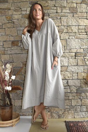 Arbi Gingham Artist Peasant Dress Mocha