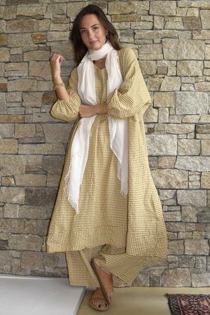 Arbi Gingham Artist Peasant Dress Mustard