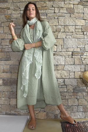 Arbi Gingham Artist Peasant Dress Olive
