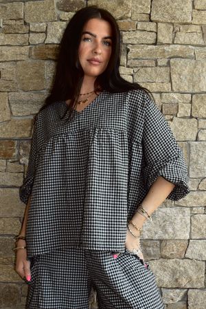 Arbi Gingham Peasant Smock Blouse Black