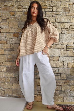 Arbi Gingham Peasant Smock Blouse Camel