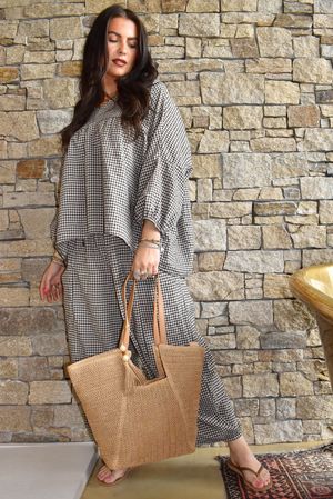 Arbi Gingham Peasant Smock Blouse Chocolate