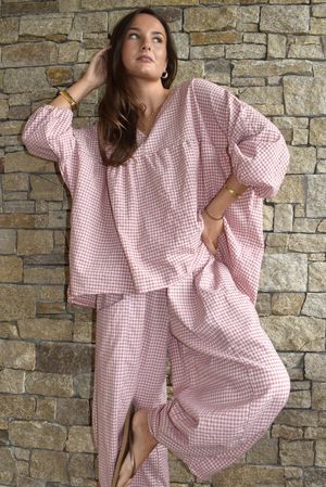 Arbi Gingham Peasant Smock Blouse Indian Pink