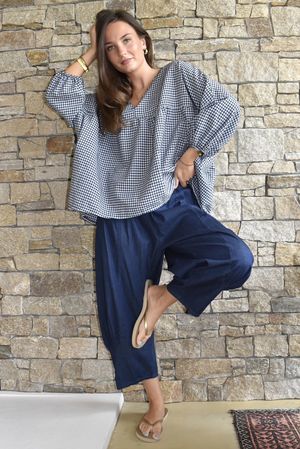 Arbi Gingham Peasant Smock Blouse Navy