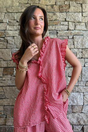 Arbi Gingham Y Blouse Chilli
