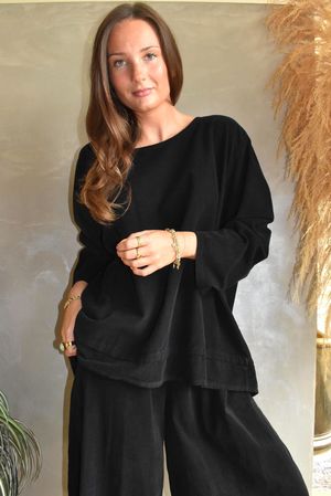 Arbi Needlecord Fold Hem Top Black