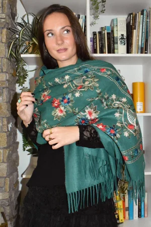 Babushka Folke Embroidery Shawl Scarf Green