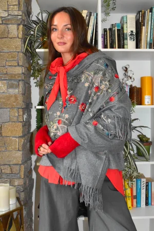 Babushka Folke Embroidery Shawl Scarf Grey Marl