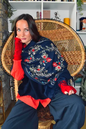 Babushka Folke Embroidery Shawl Scarf Navy
