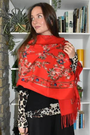 Babushka Folke Embroidery Shawl Scarf Rouge