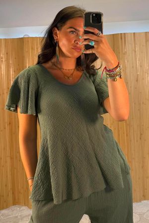Bamba Bubble Cotton Bias Flute Top Khaki