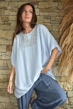 Benirras Beaded Longline Top Baby Blue - /3=