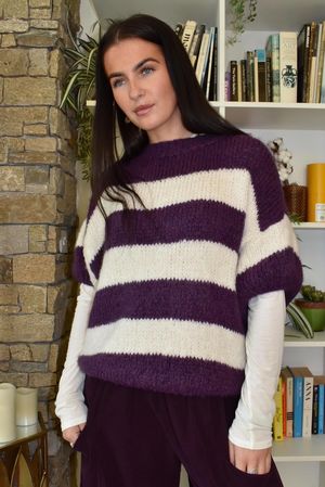 Big Softie Block Stripe Cap Sleeve Knit Fig & Ecru