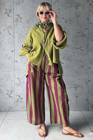 Bloc Striped Wide Barrel Pant Olive & Aubergine Pre order 10 days 