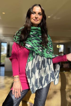Brick Lane Leopard Houndstooth Shawl Scarf Jade /50=