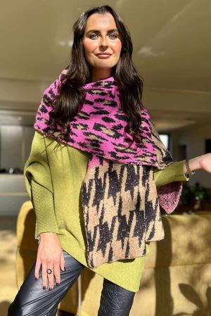 Brick Lane Leopard Houndstooth Shawl Scarf Pink /50=