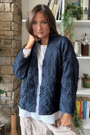 Cabbage Rose Cotton Quilted Jacket Navy