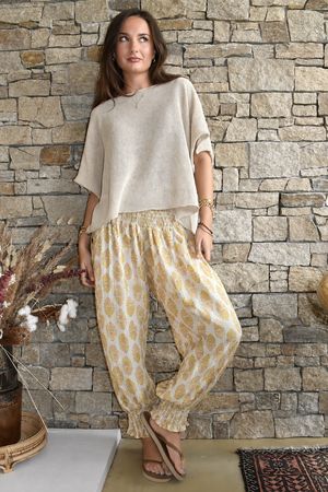 Daughter Of Ibiza Indira Shirring Cuff Pant Ochre & Rose Pre order 14 days