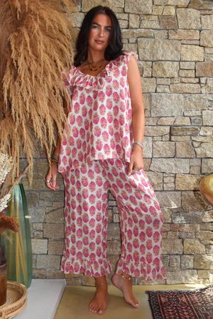 Daughter Of Ibiza Indira Frill Kick Pant Fuchsia & Marigold
