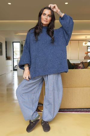 Donald Plaid Brushed Cotton Barrel Pant Denim