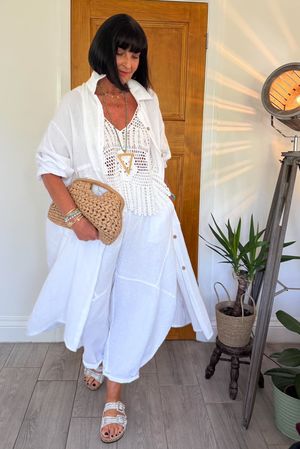 Dusk Bubble Cotton Duster Shirt Dress White