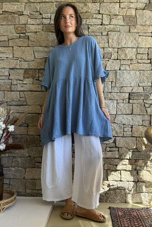 Dusk Bubble Cotton Smock Top Denim