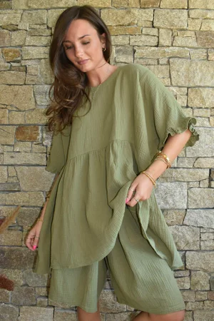 Dusk Bubble Cotton Smock Top Olive