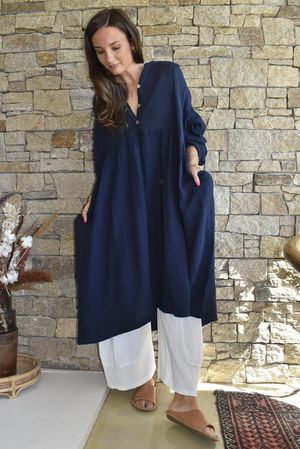 Dusk Bubble Cotton Teabag Smock Dress Navy