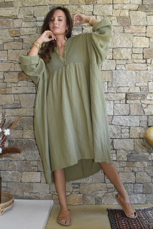 Dusk Bubble Cotton Teabag Smock Dress Olive